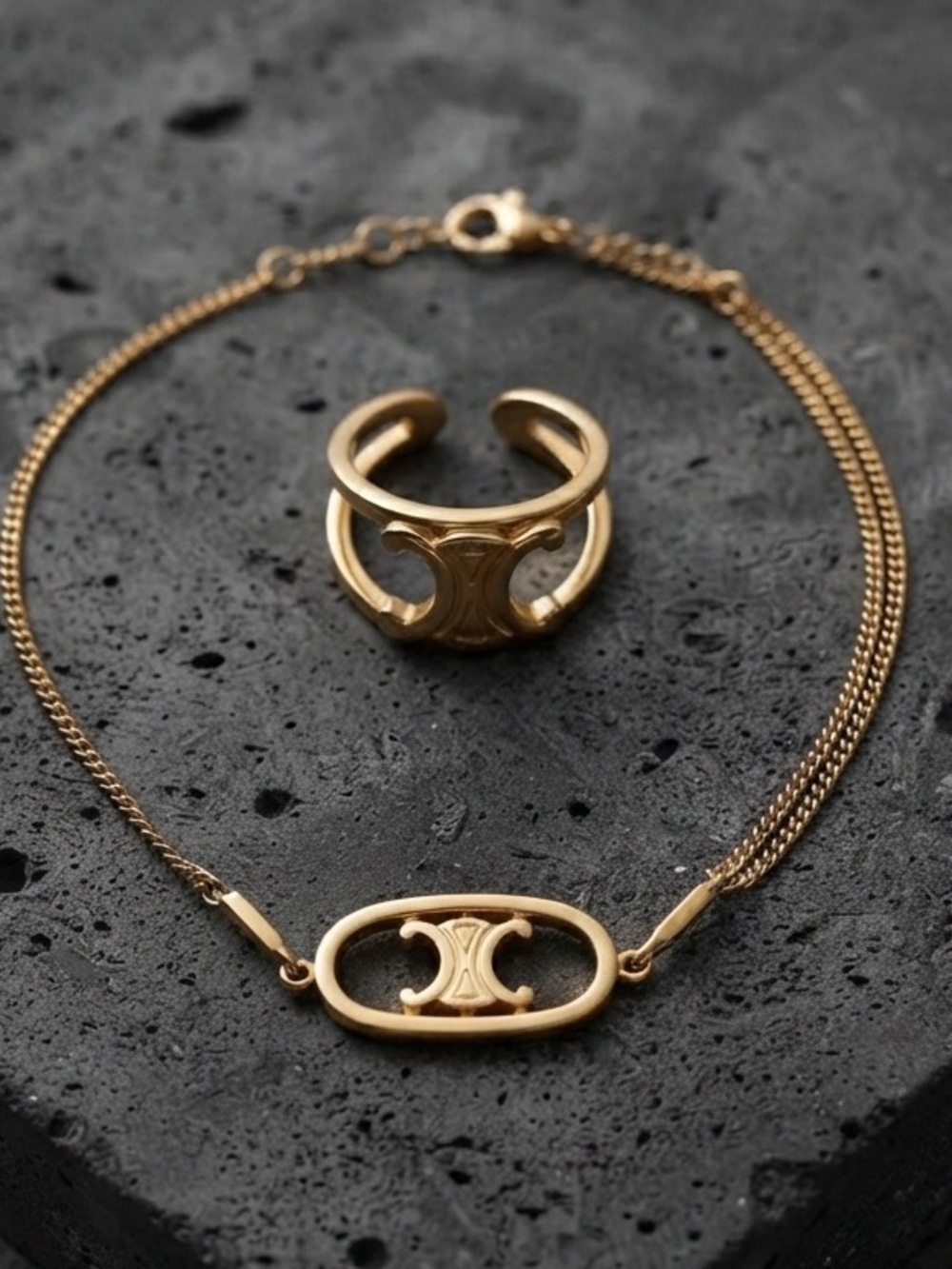 Gold Tone Double chained Bracelet Letter Accent & Matching Ring